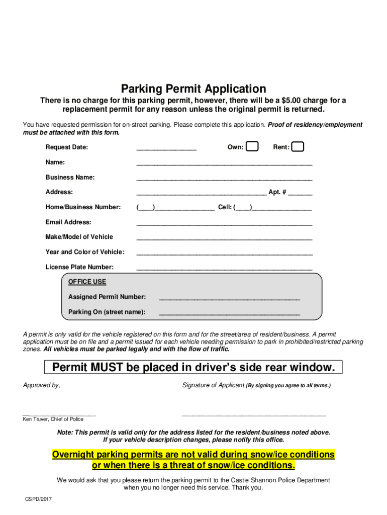 Fillable Online borough castleshannon pa Parking Permit Application