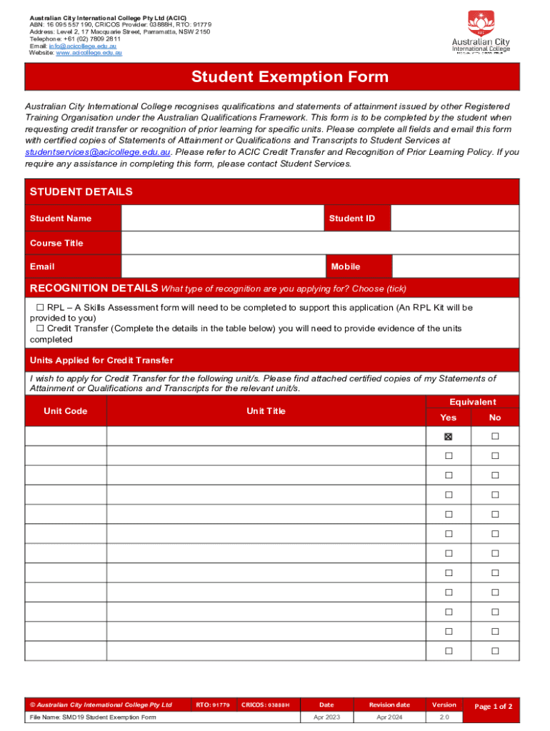 Fillable Online ACIC SMD19 Student Exemption Form V 2.0.docx Fax Email