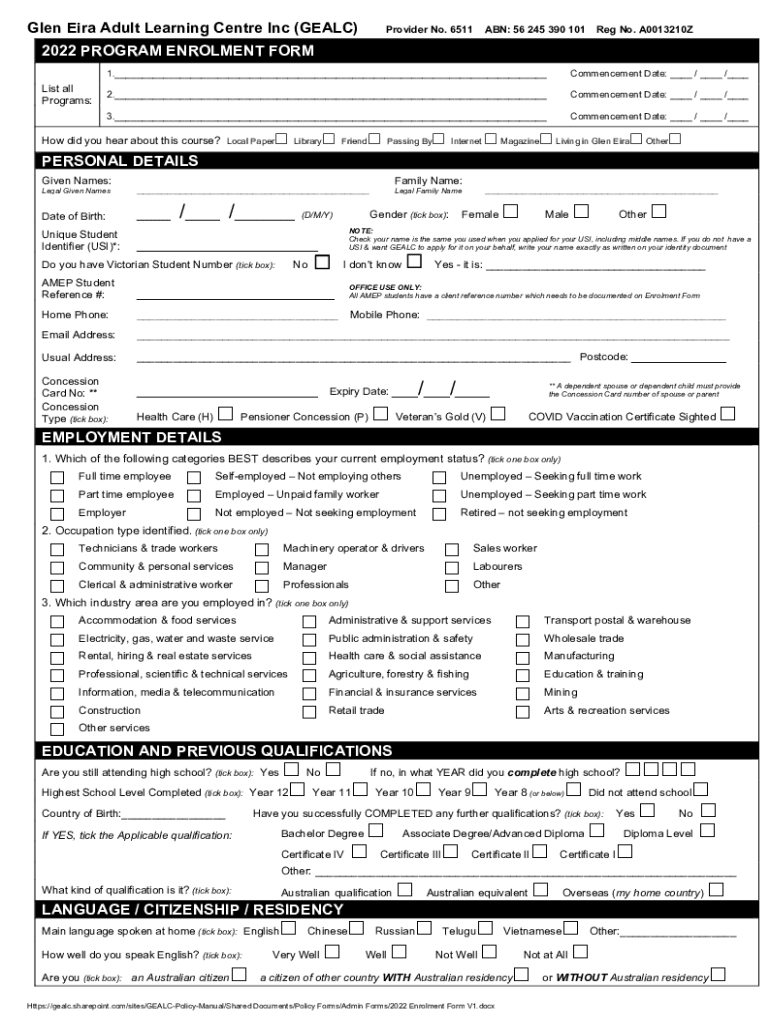 Fillable Online gealc org Glen Eira Adult Learning Centre IncMelbourne ...