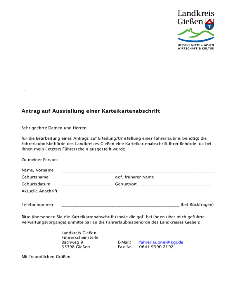 Ausfüllbar Online Antrag auf Ausstellung einer Karteikartenabschrift