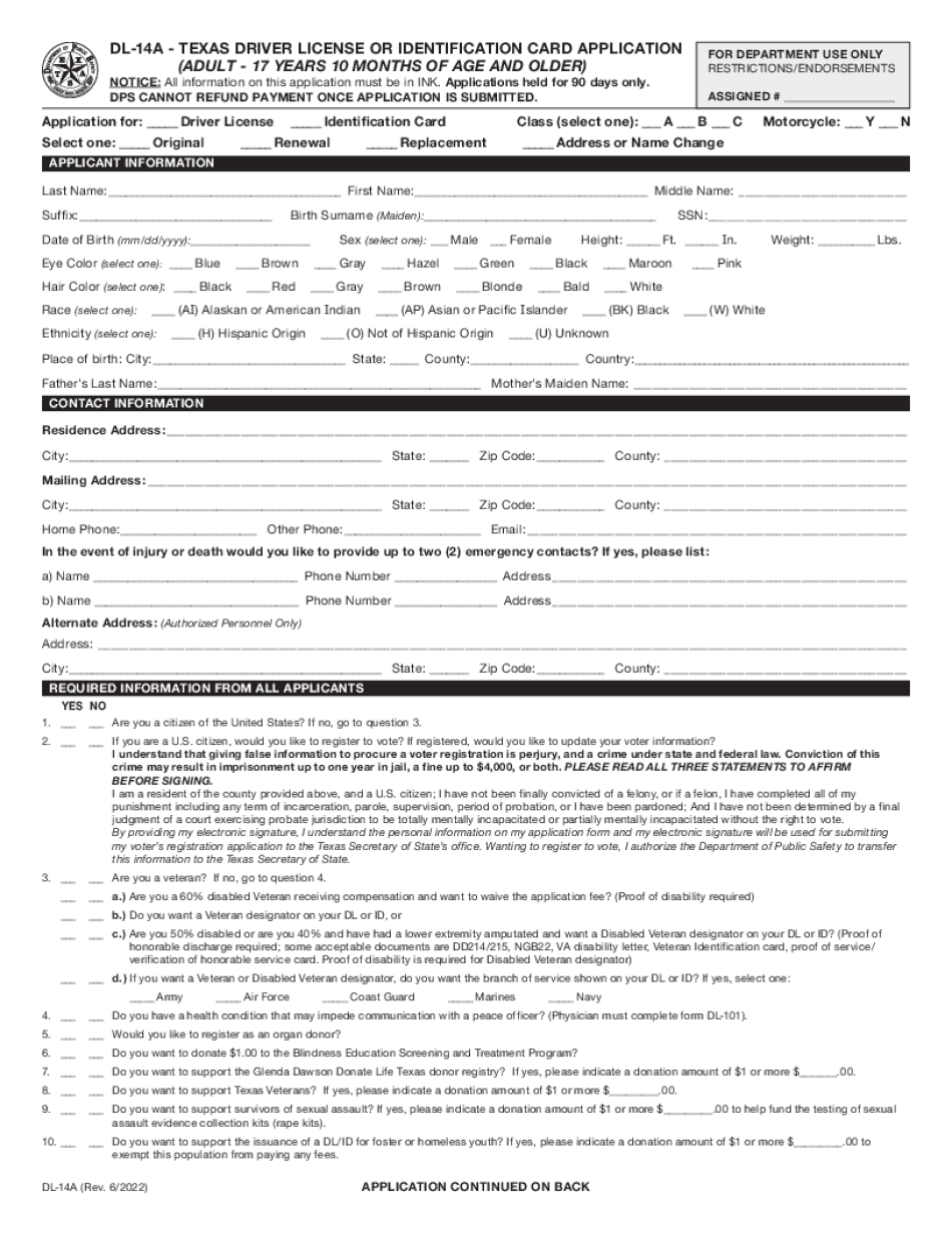 Tx dl 14a 2022 2024 form printable blank pdf online