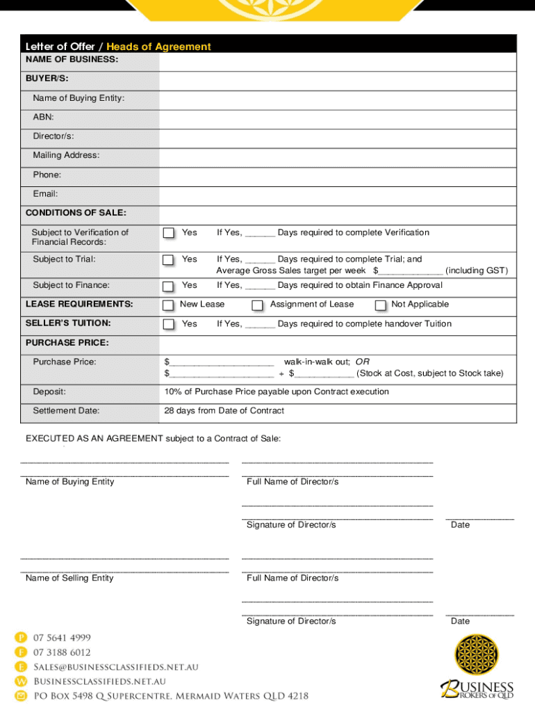 Fillable Online Letter of Offer / Heads of Agreement Fax Email Print