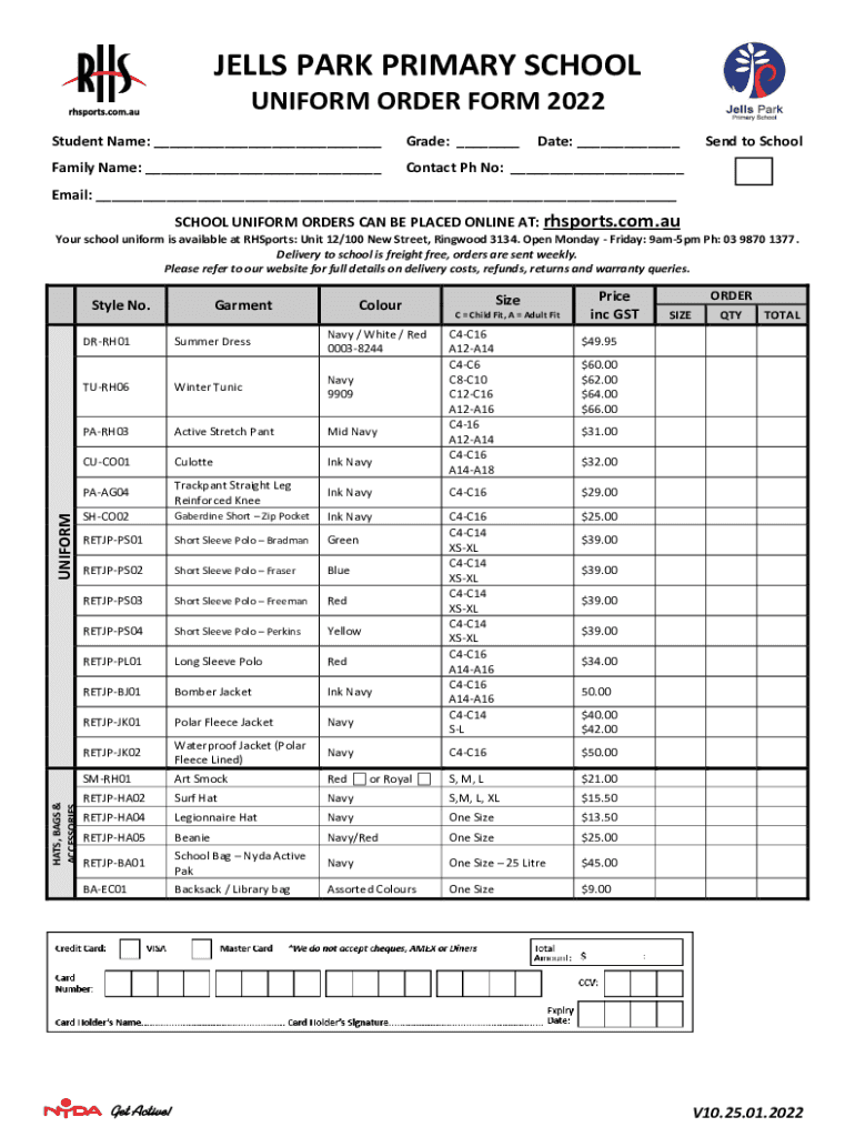 Fillable Online jells park primary school uniform order form 2022 Fax