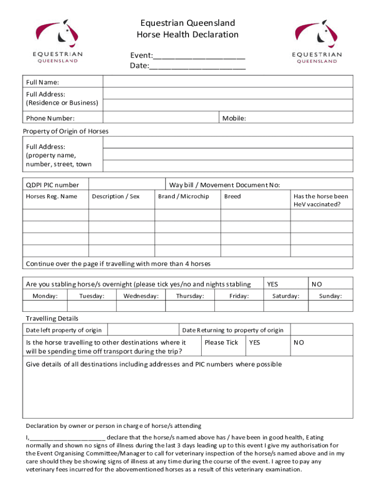 Fillable Online Equestrian Queensland Horse Health Declaration Event