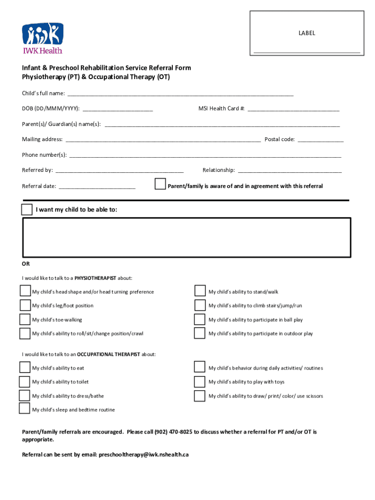Fillable Online IWK Occupational Therapy Referral Form Fax Email Print