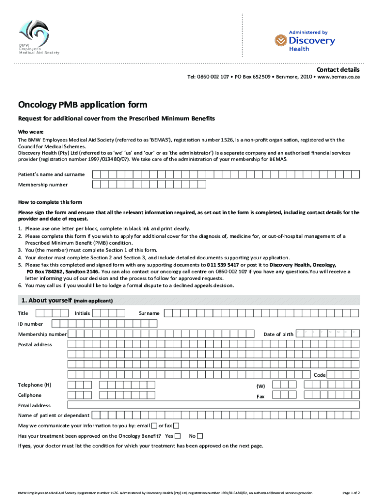 Fillable Online Oncology PMB application form Fax Email Print pdfFiller