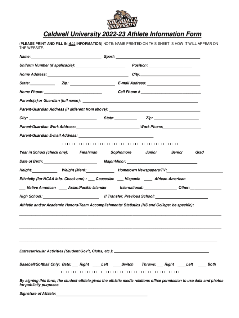 Fillable Online Athlete Information Form - Caldwell Preview on Page 1