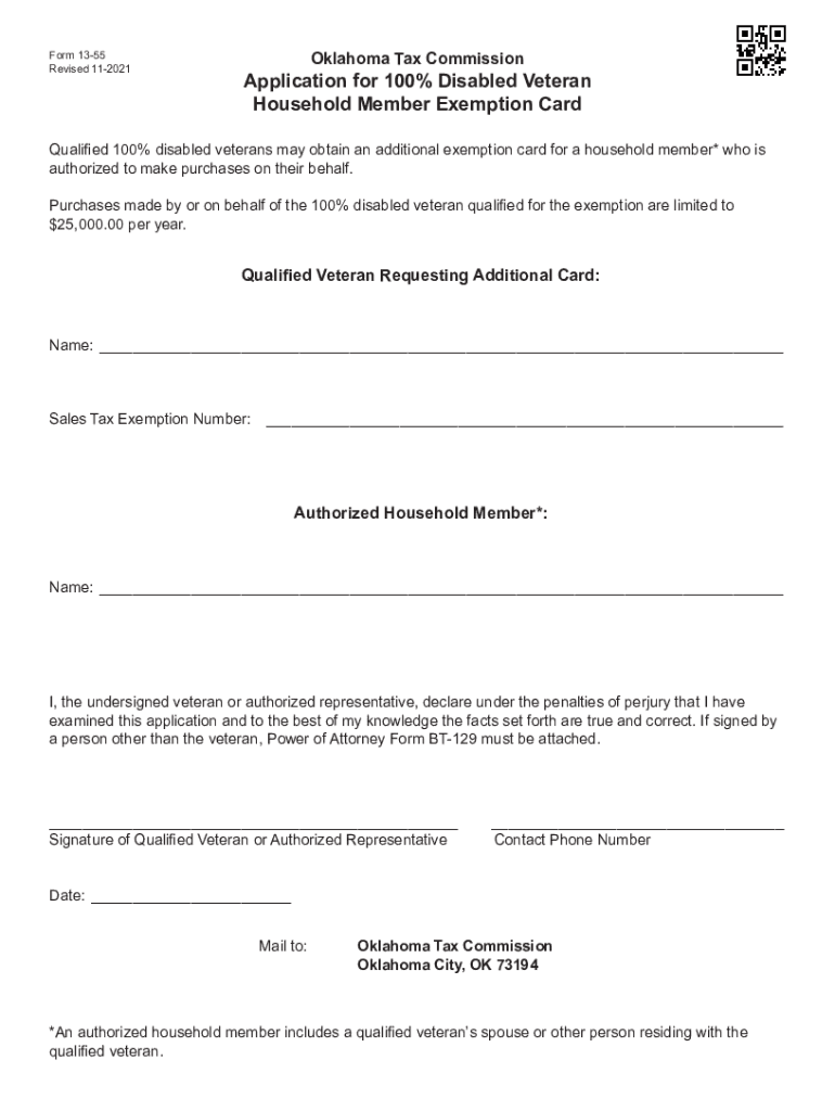 Form 13-55 Application for 100% Disabled Veteran Household Member Exemption Card Preview on Page 1