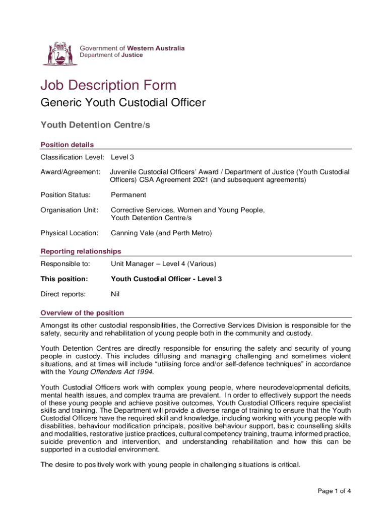 Fillable Online Job Description Form - Generic Youth Custodial Officer Fax Email Print - pdfFiller