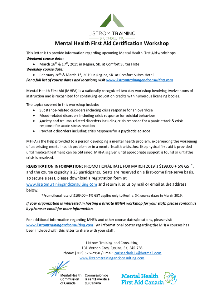 Fillable Online Mental Health First Aid Certification Fax