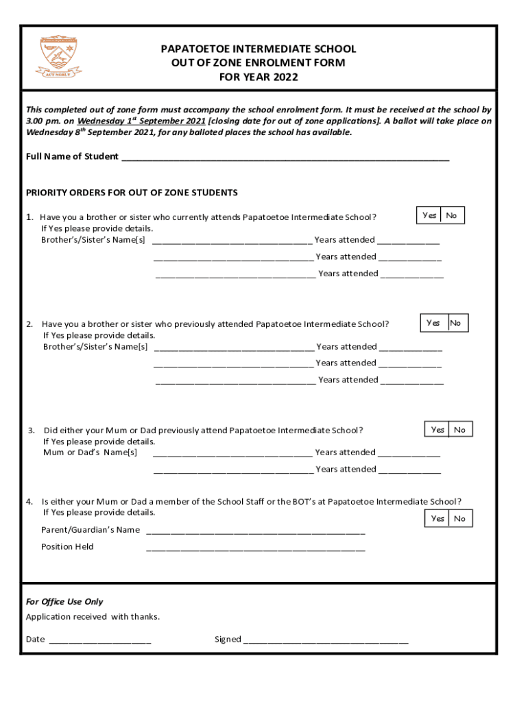 Fillable Online papatoetoe intermediate school out of zone enrolment