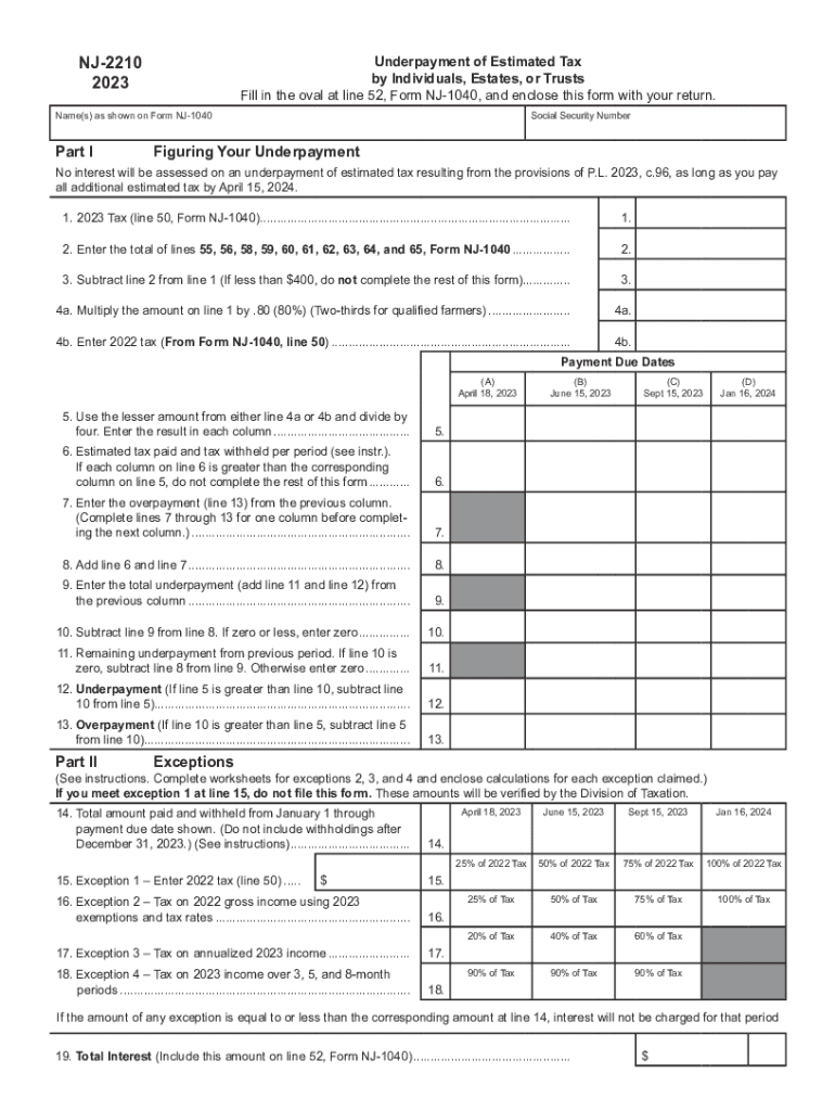 2023 NJ-2210 Underpayment of Estimated Tax by Individuals, Estates, or Trusts Preview on Page 1