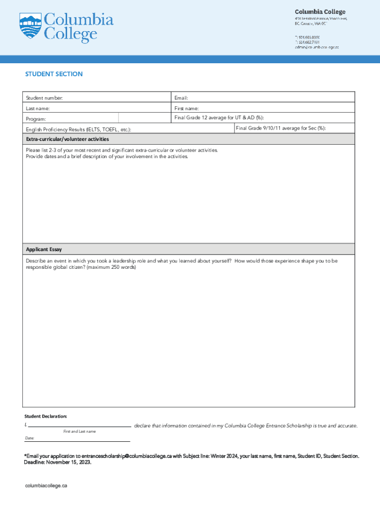 Fillable Online Entrance Scholarship - Winter 2024 Application Form Fax