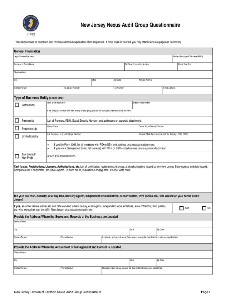 2017-2023 Form NJ DoT Nexus Questionnaire Fill Online Preview on Page 1