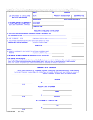 RUS Form 254 Construction Inventory