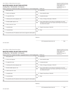 California Master Index Rejection Notice