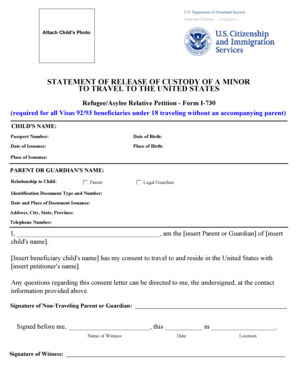 Statement of Release of Custody of a Minor to Travel to the United States