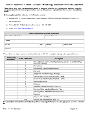 Vermont Health Lab Specimen Kit Order Form