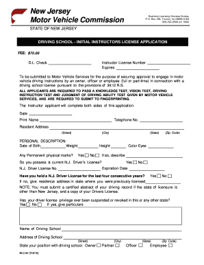 New Jersey Driving School Instructor License Application