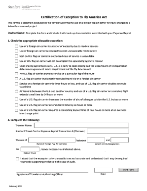 Certification of Exception to Fly America Act