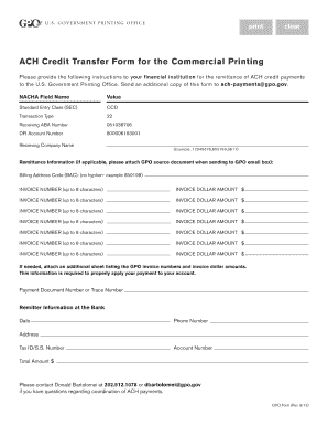 ACH Credit Transfer Form for US Government Printing