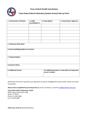 Texas Animal Health Commission Lab Account Setup Form