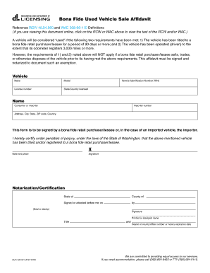 Bona Fide Used Vehicle Sale Affidavit
