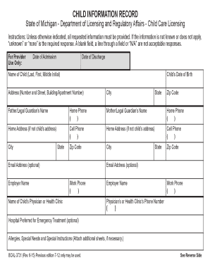 Michigan Child Information Record