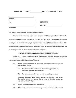 North Dakota Civil Summons with Temporary Restraining Provisions