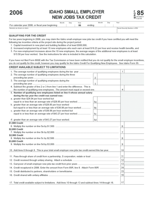 Idaho Small Employer New Jobs Tax Credit Form 85