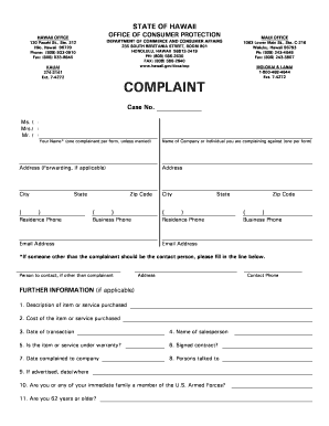 Hawaii Consumer Protection Complaint Form
