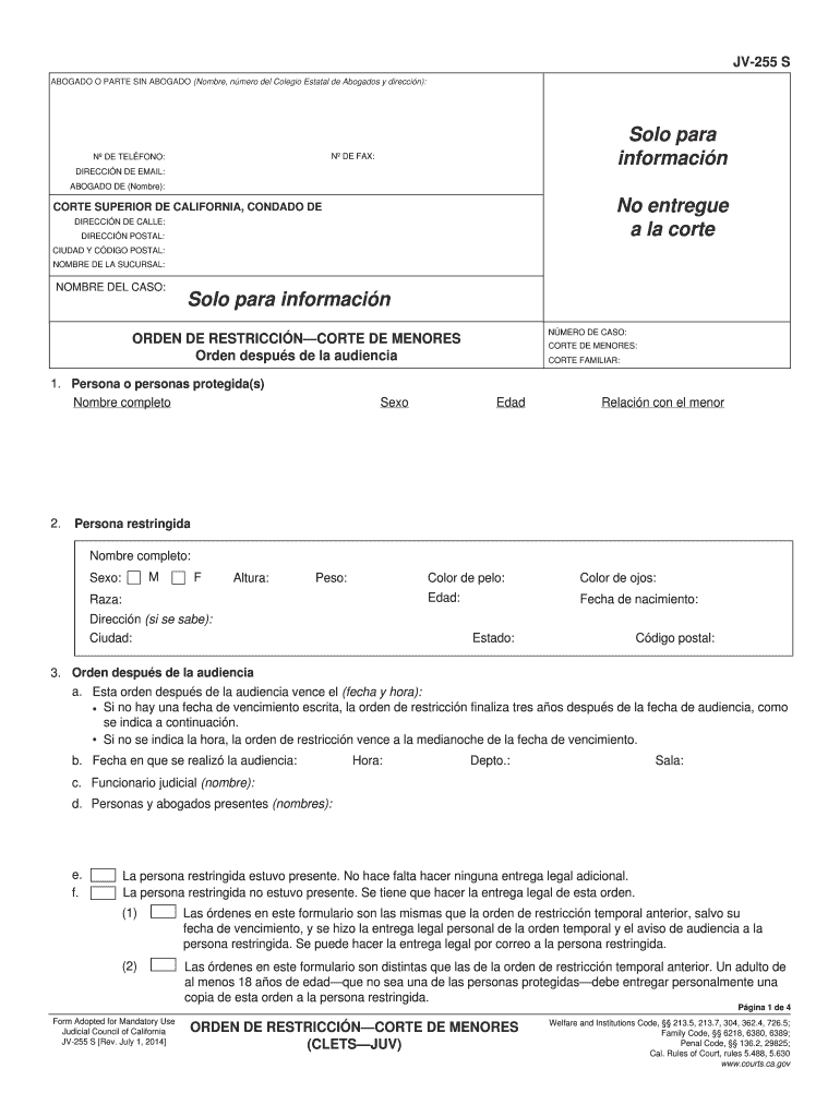 JV-255 S Restraining OrderJuvenile Spanish Judicial Council forms - courts ca Preview on Page 1.