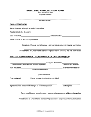 Embalming Authorization Form