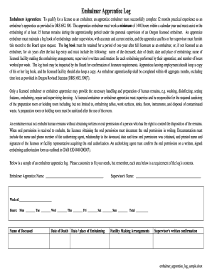 Embalmer Apprentice Log Sample - oregon