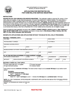 Ohio Restricted CDL Application for Farm Industries