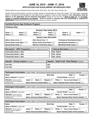 Seattle Parks and Recreation Scholarship Application