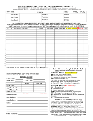 South Florida Youth Soccer Game Roster