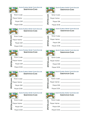 South Florida United Youth Soccer Substitution Card