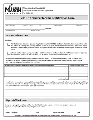 2015-16 Student Income Certification Form