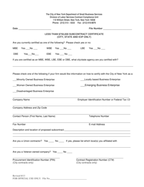 Less Than $750,000 Subcontract Certificate
