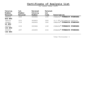 Certificate for project of chemistry - Certificate of Analysis List For request number 420251 Catalog Number Entered Lot Number Entered Related Catalog Number 2660501 1223 2659405 Related Lot Code Description 1242 STABLCAL FORMAZIN STANDARD 1215 1216 2659405 2659405 1242 1242 0