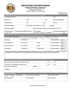 Missouri Department of Agriculture Employment Application