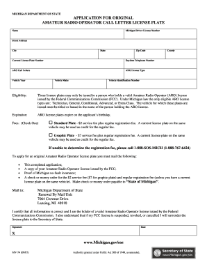 Michigan Amateur Radio Operator License Plate Application