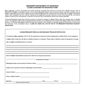 Mississippi Nonadmitted Insurance Certification