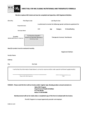WIC Direct Bill Form for Nutritional Supplements