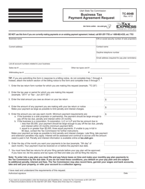 Payment plan template - TC-804B, Business Tax Payment Agreement Request - tax utah