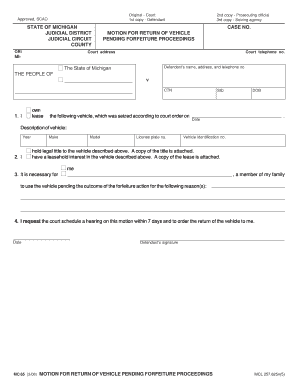 Motion for Return of Vehicle Pending Forfeiture Proceedings