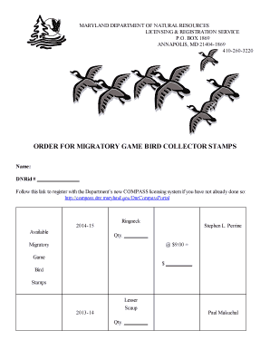Maryland Migratory Game Bird Collector Stamps Order Form