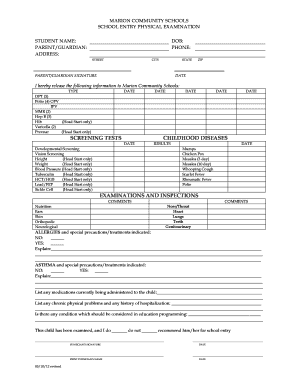 School Entry Physical Examination Form