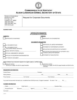 Kentucky Business Filings Request for Corporate Documents